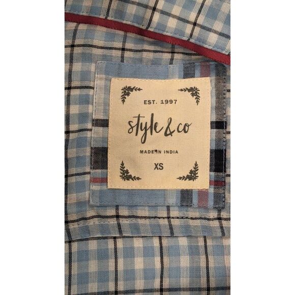 Style & Co. Womens XS Blue White Plaid Pearl Snap Roll Tab Sleeves Western Shirt - Picture 7 of 7